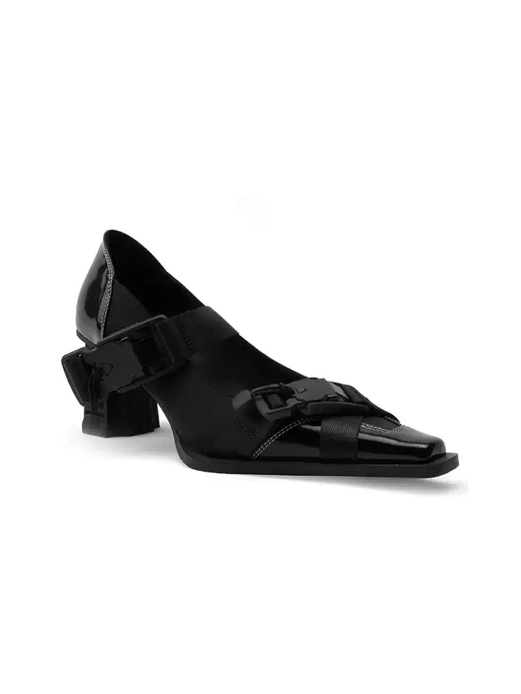 Contrast-Stitch Double-Strap Square-Toe Heels - view 5