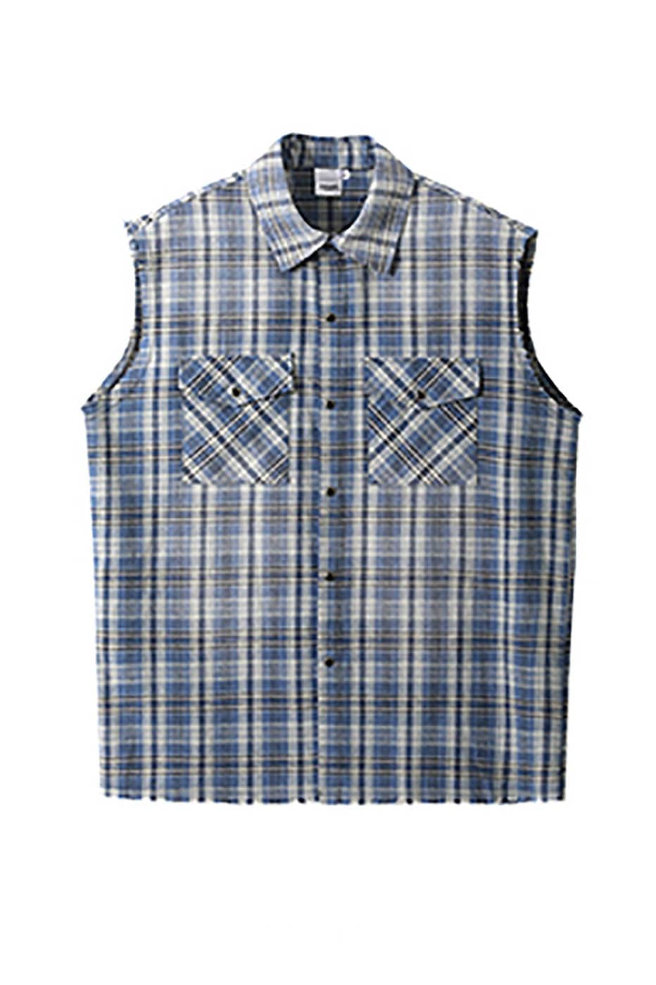 Sleeveless Distressed Plaid Shirt