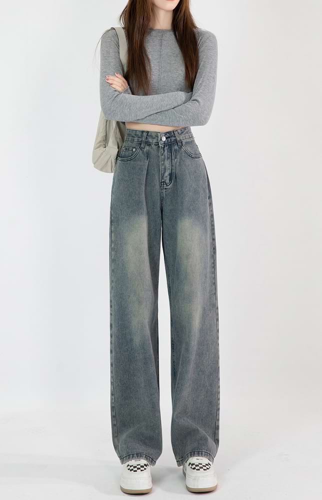 High-Waisted Faded Wide Leg Jeans