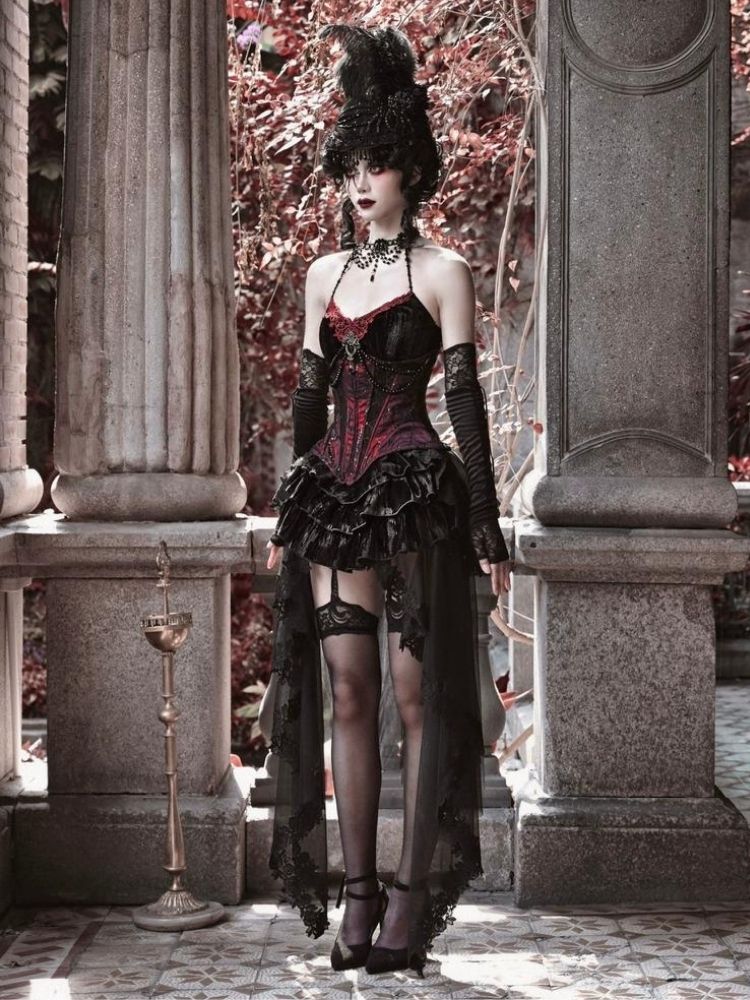 Gothic Velvet Halloween Suspender Dress Set