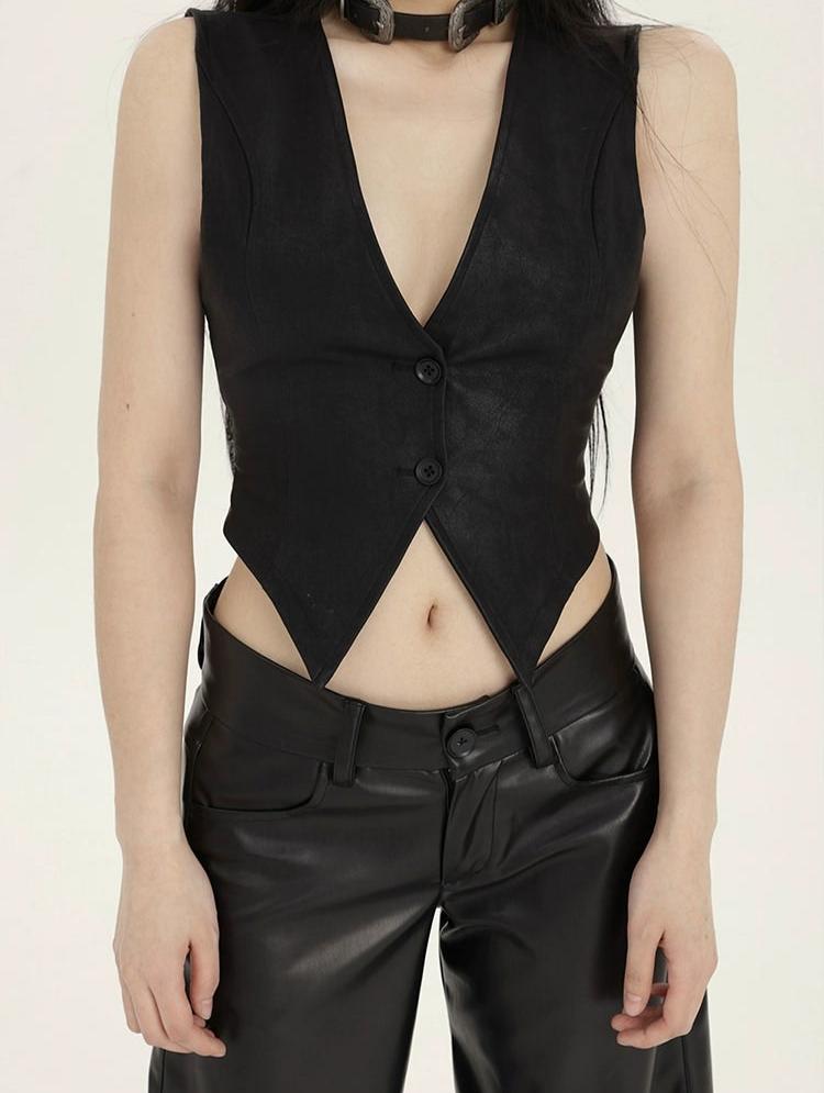 Black Cropped Vest with Deep V-neck