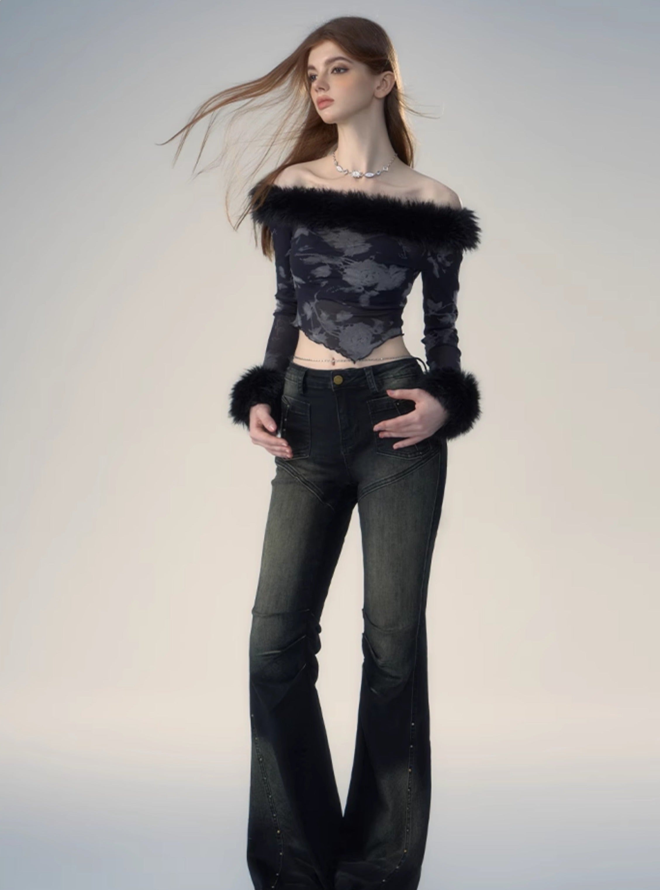 Fur Collar Long Sleeve T-Shirt - chiclara