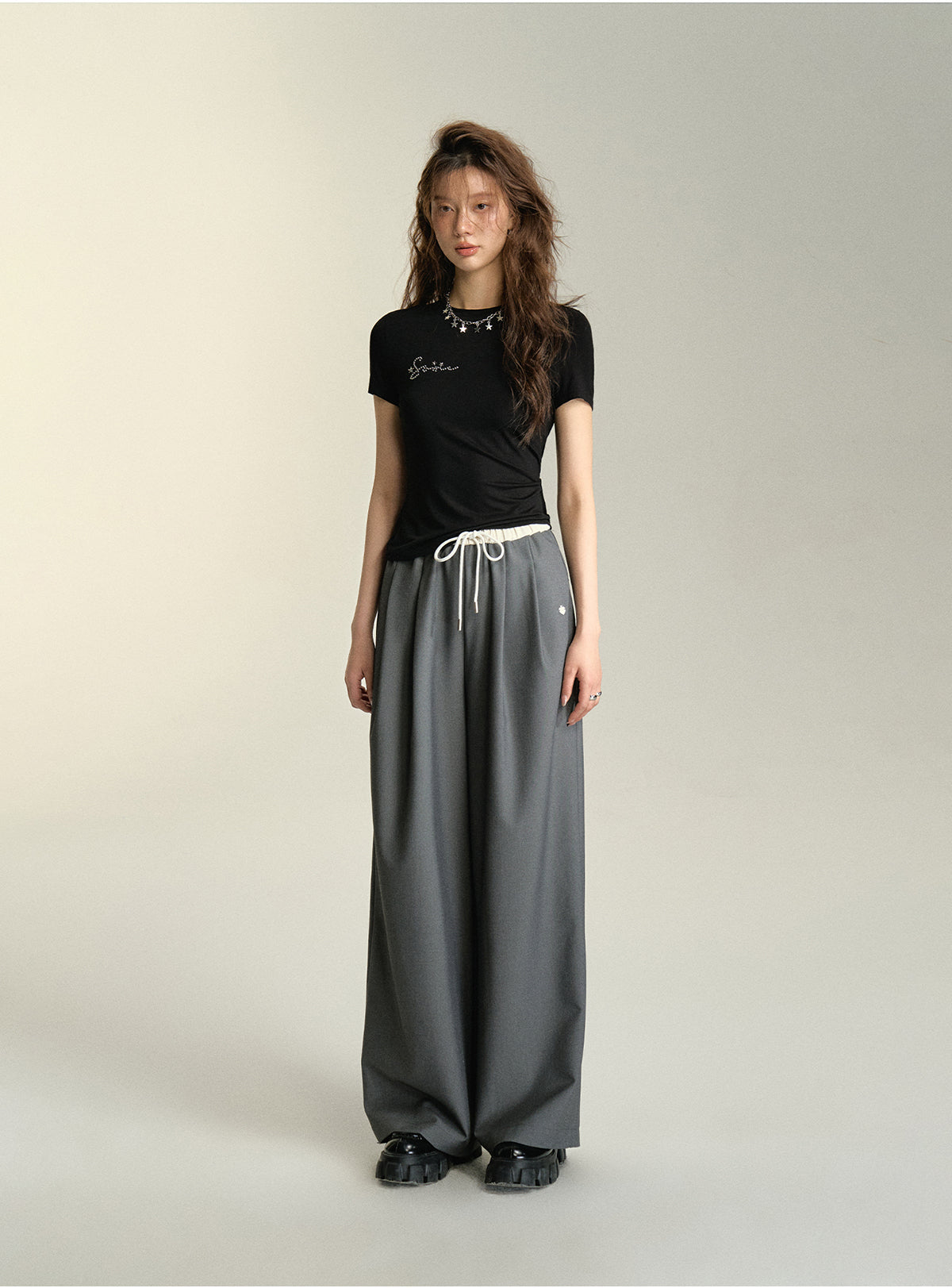 Relaxed Fit Drawstring Waist Wide Leg Pants - chiclara