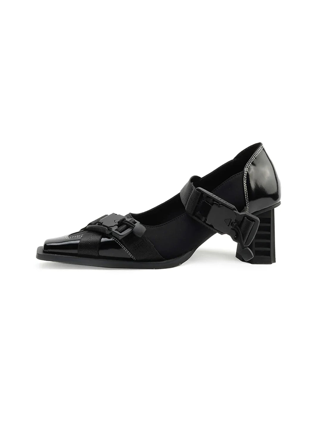 Contrast-Stitch Double-Strap Square-Toe Heels - view 1