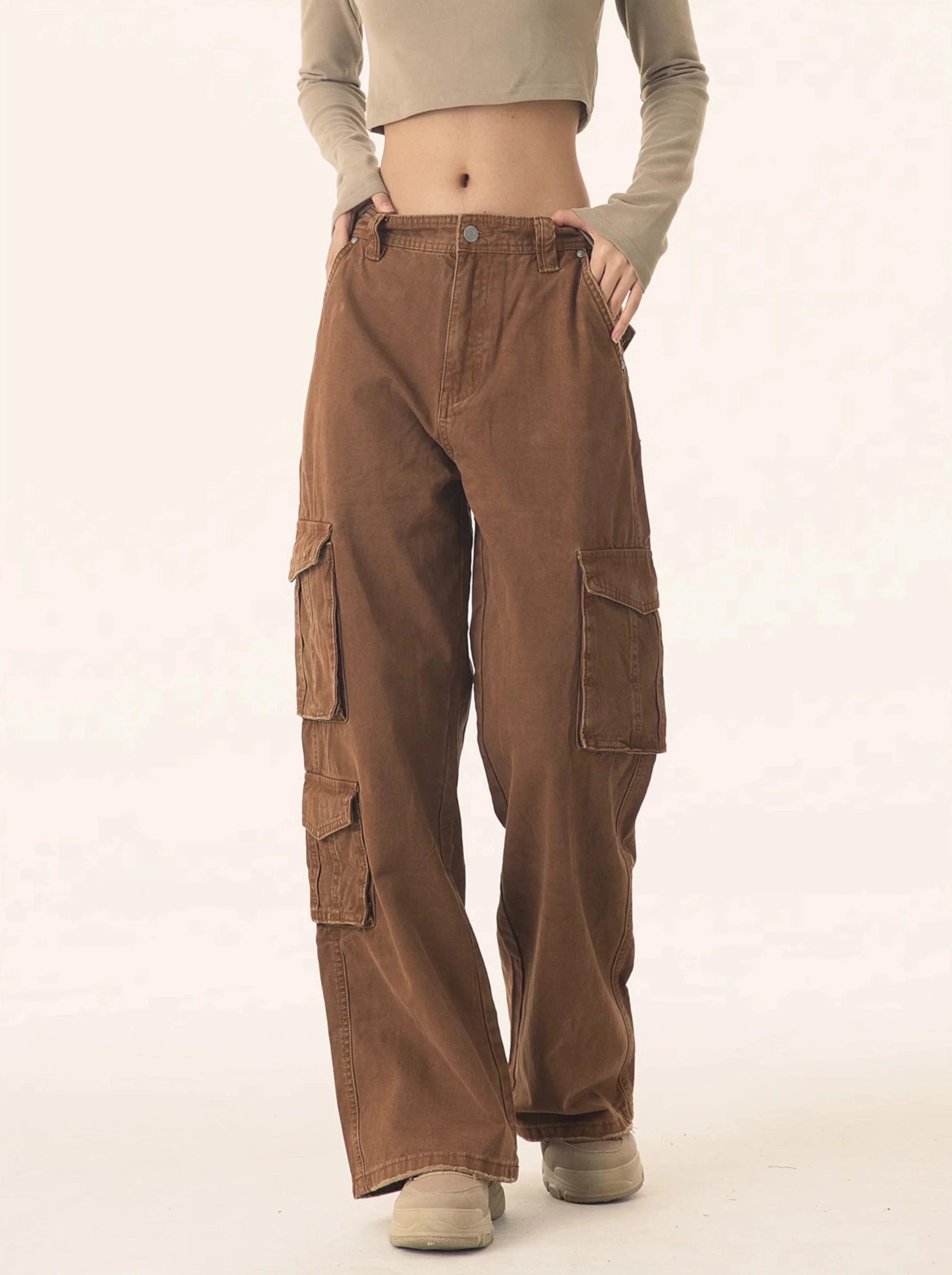 Straight Leg Cargo Pants with Multiple Side Pockets