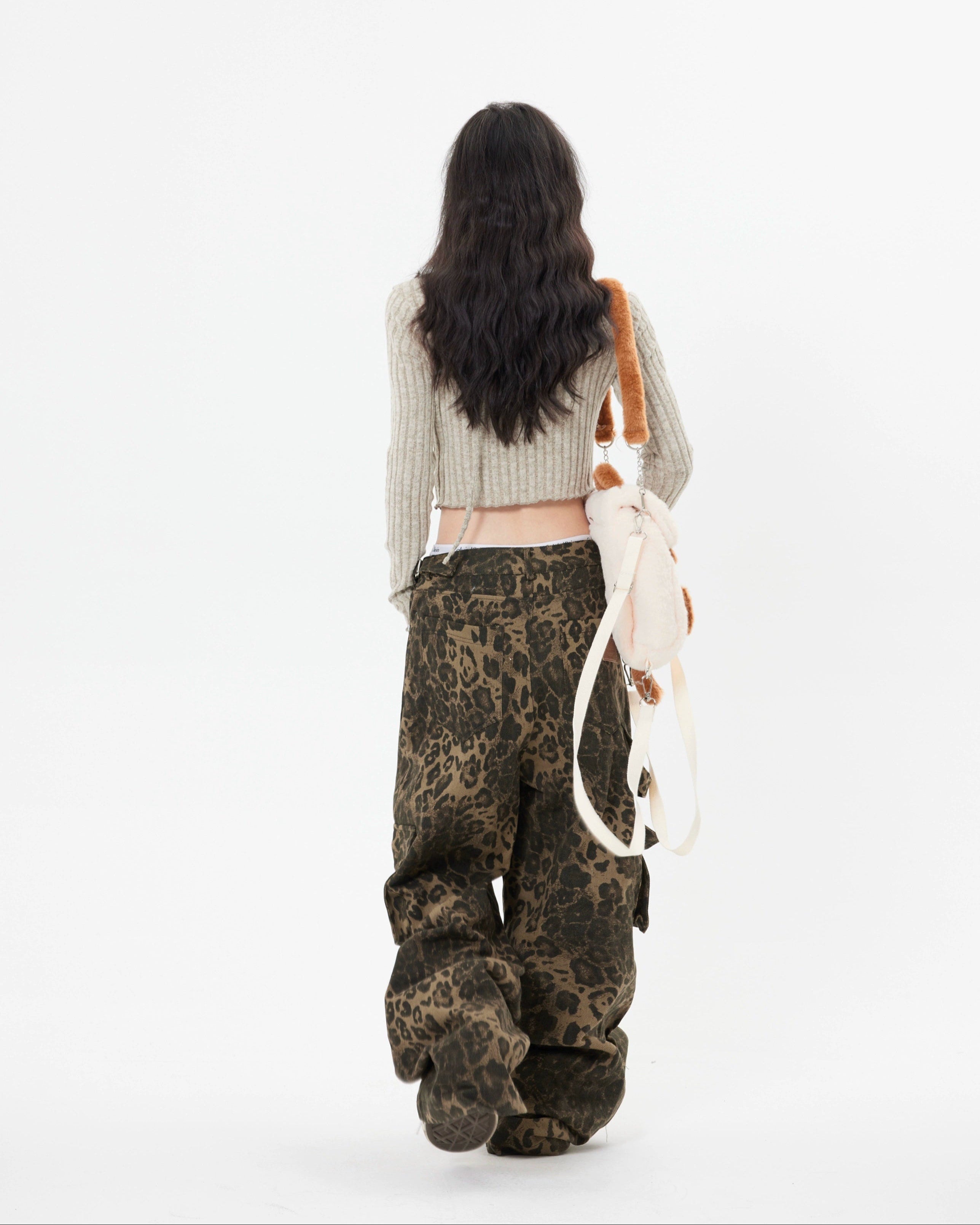 Double Sided Belt Leopard Print Wide Leg Cargo Pants