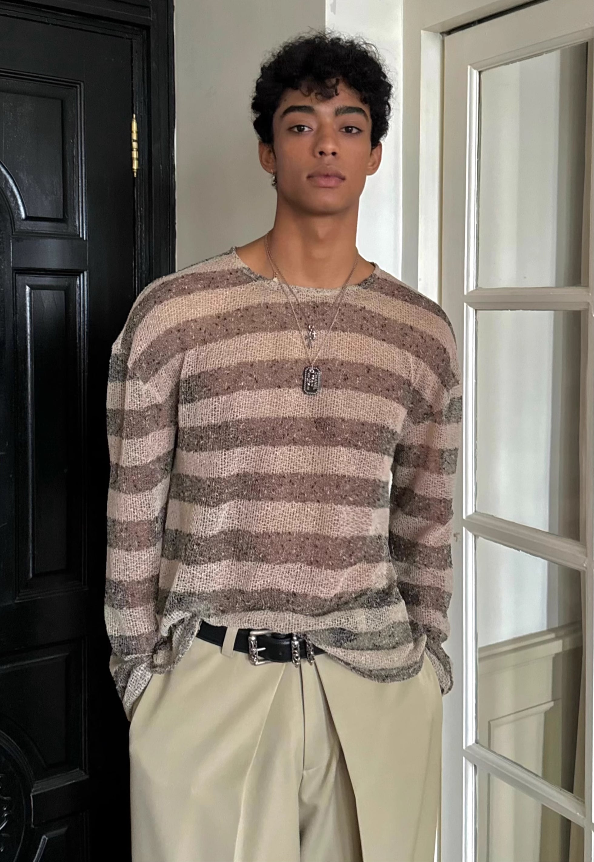 Coffee Striped Fuzzy Knit Sweater