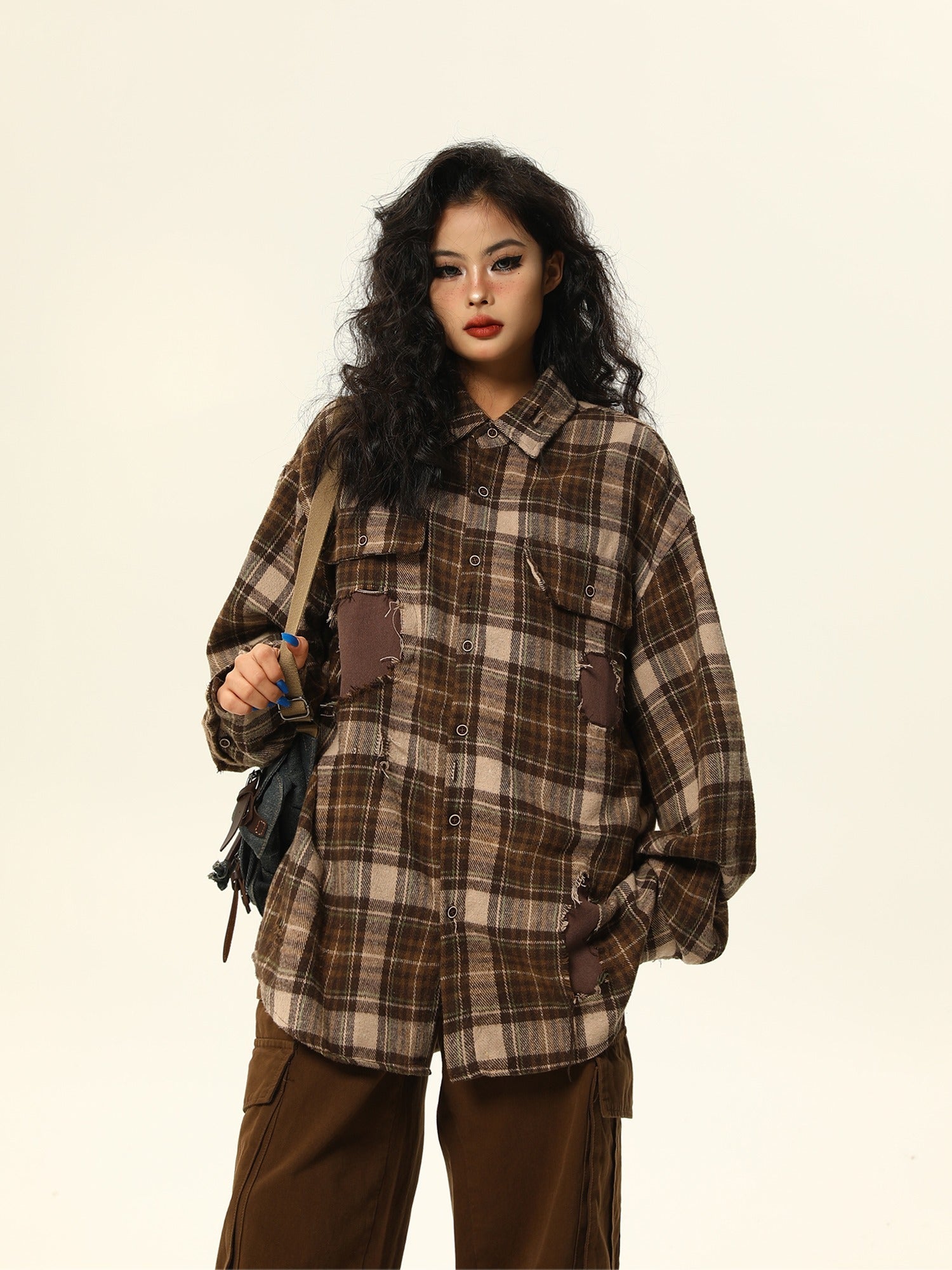 Oversized Distressed Plaid Flannel Shirt with Intentional Patches