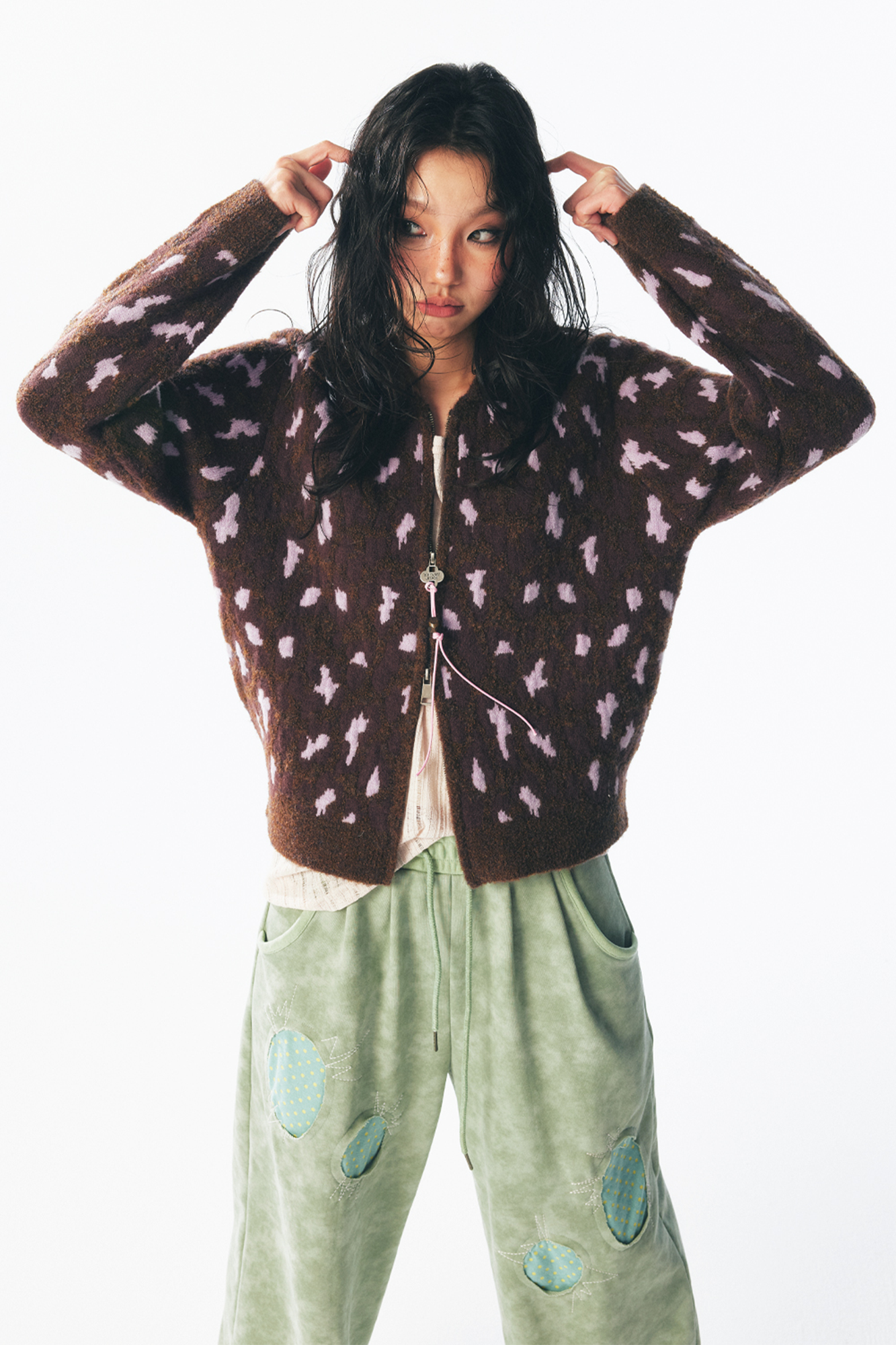Strawberry Leopard Dual-Zip Knit Jacket