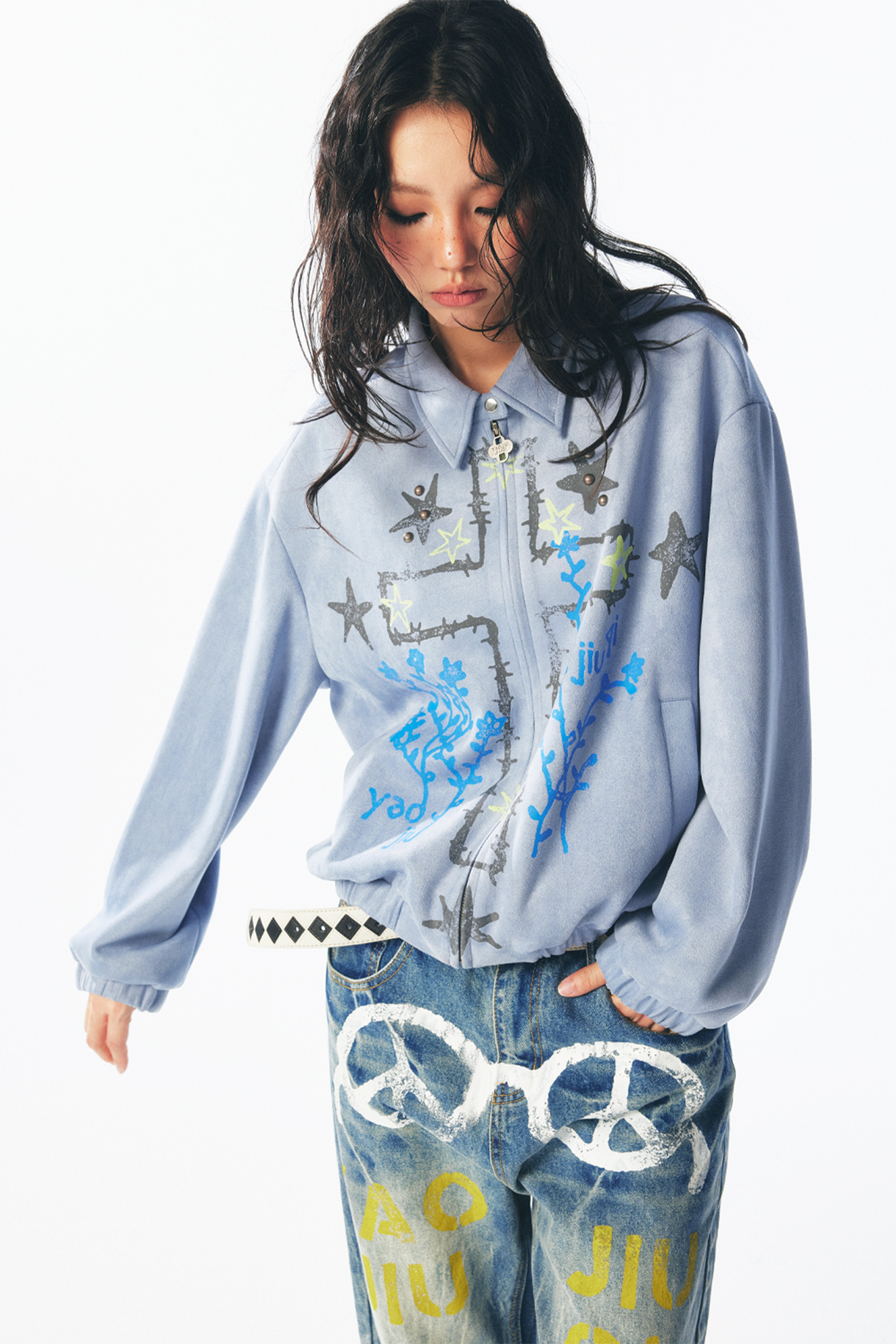 Floral Cross Faux Suede Zip Jacket
