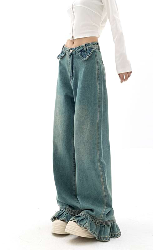 Teal Ruffle Wide Leg Jeans