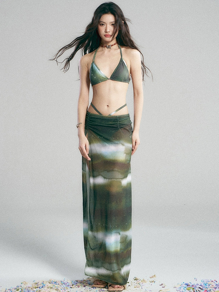 Green Galaxy Print Bikini and Skirt Set