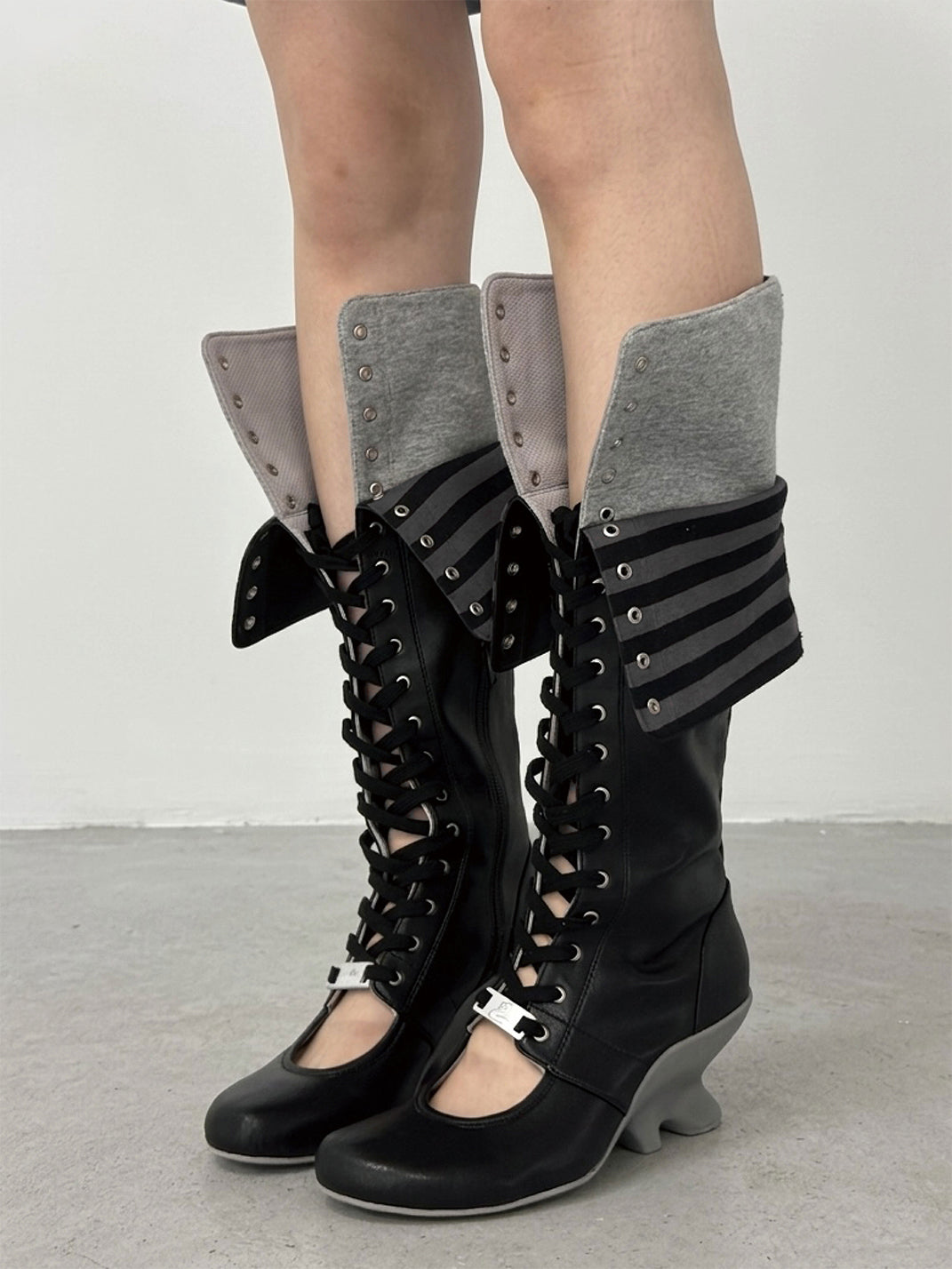 Layered Foldover Lace-Up Wedge Knee Boots - view 1