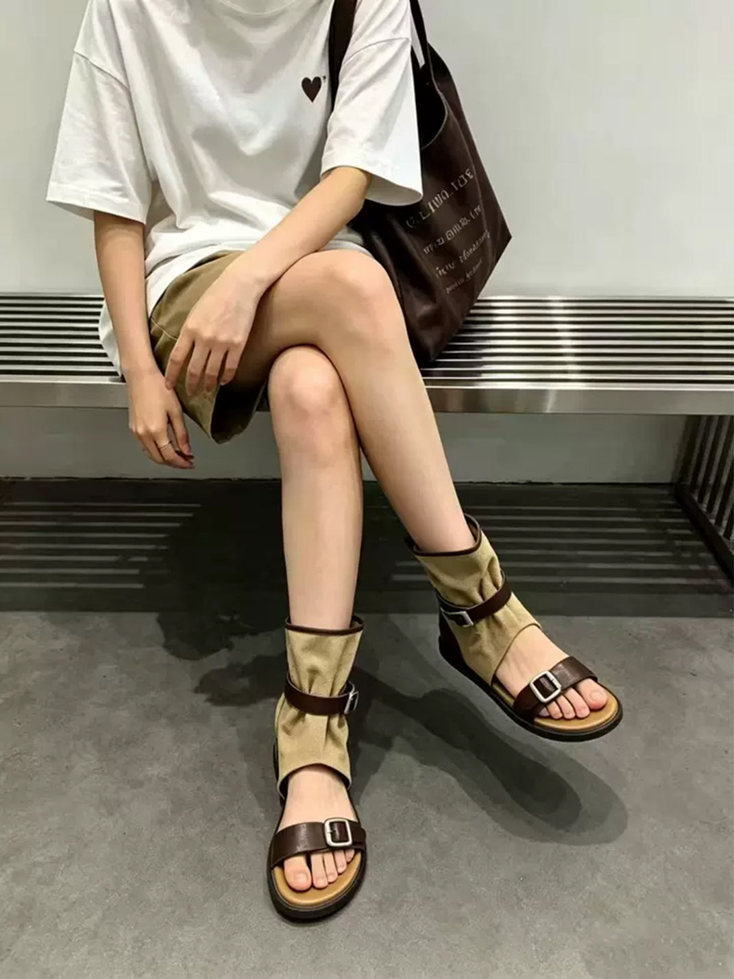Buckled Canvas Open-Toe Slouch Ankle Boots - view 2