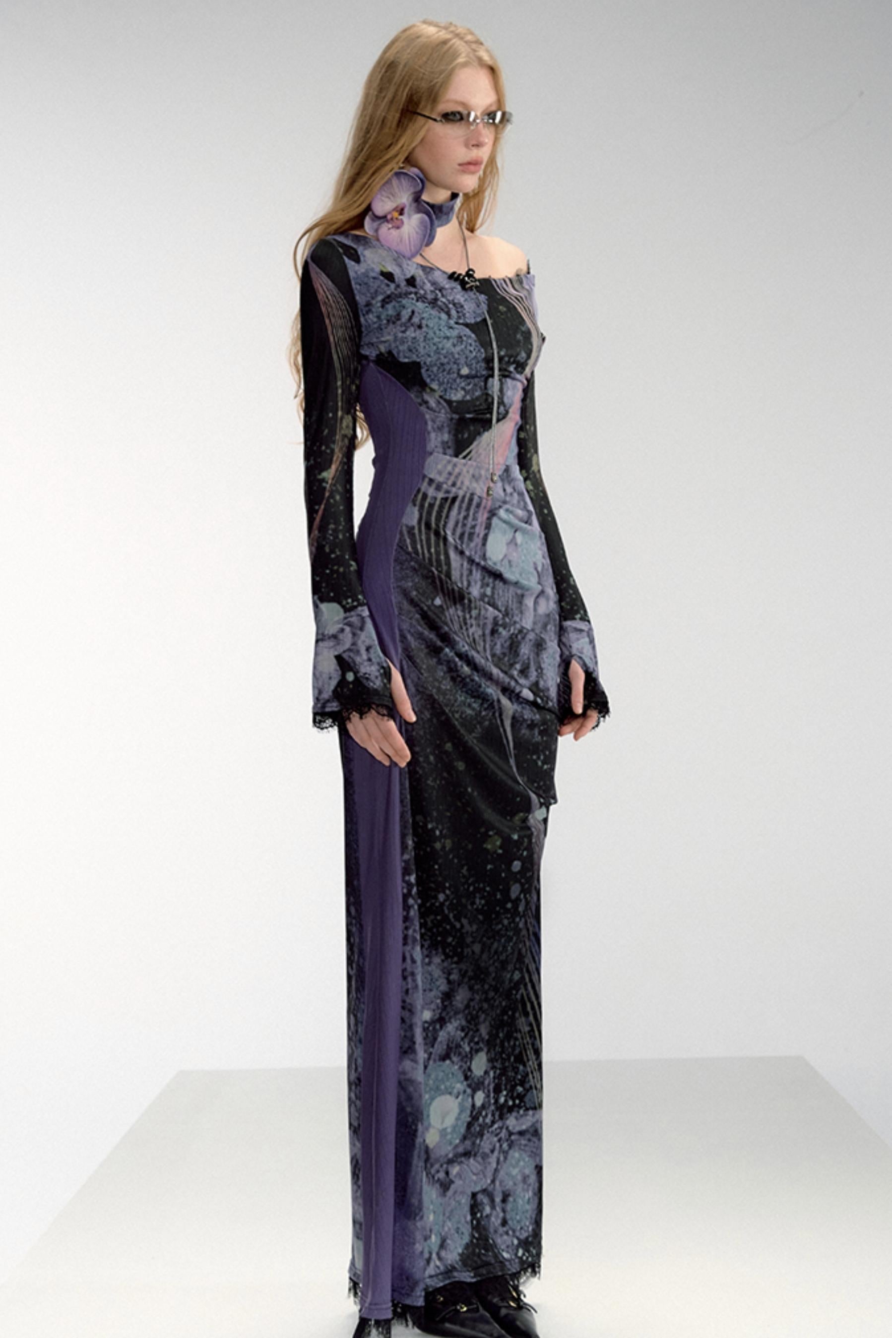 Celestial Nocturne Off-Shoulder Maxi Dress