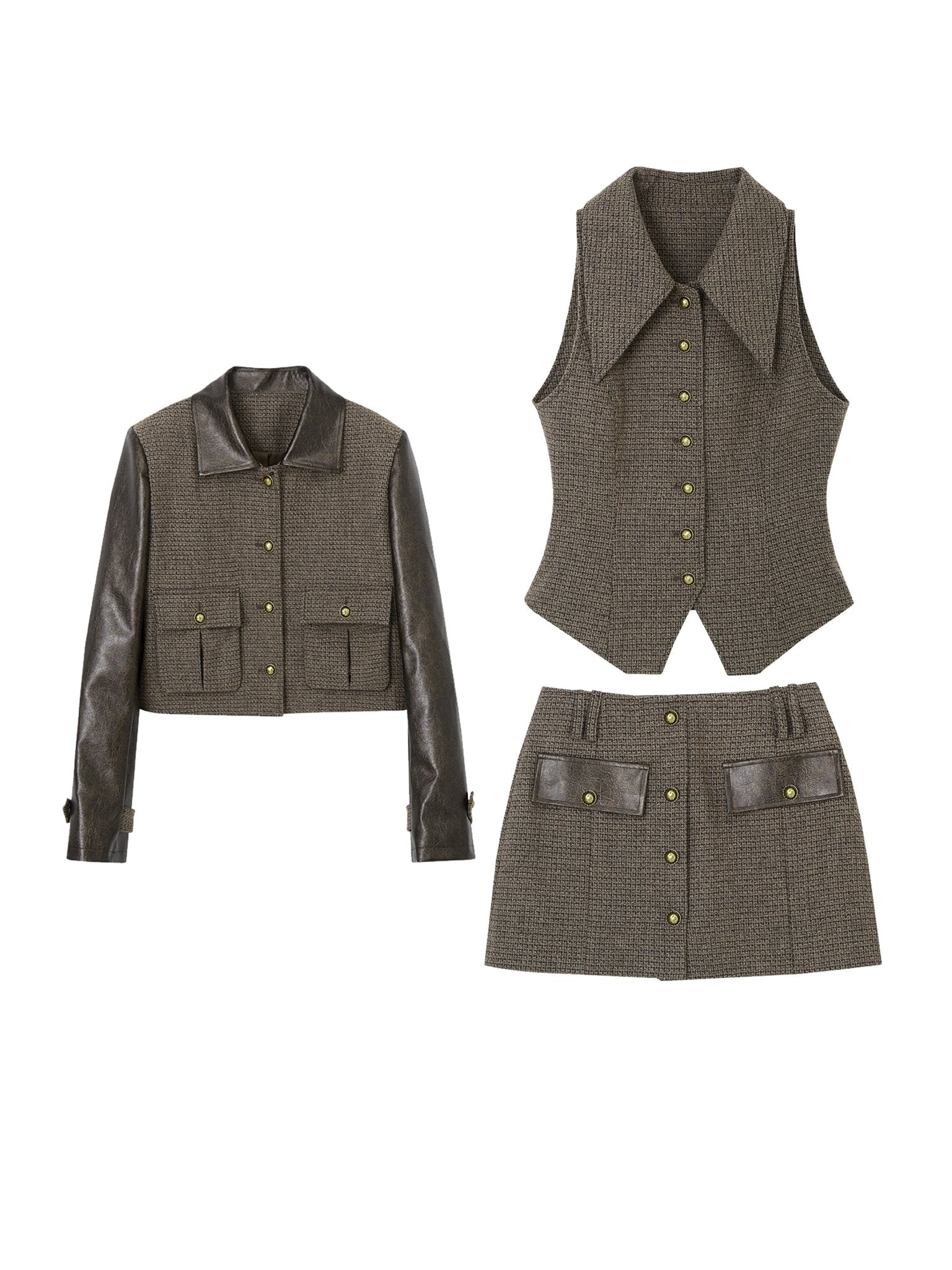 Leather Sleeve Jacket, Vest, And Mini Skirt Set - chiclara