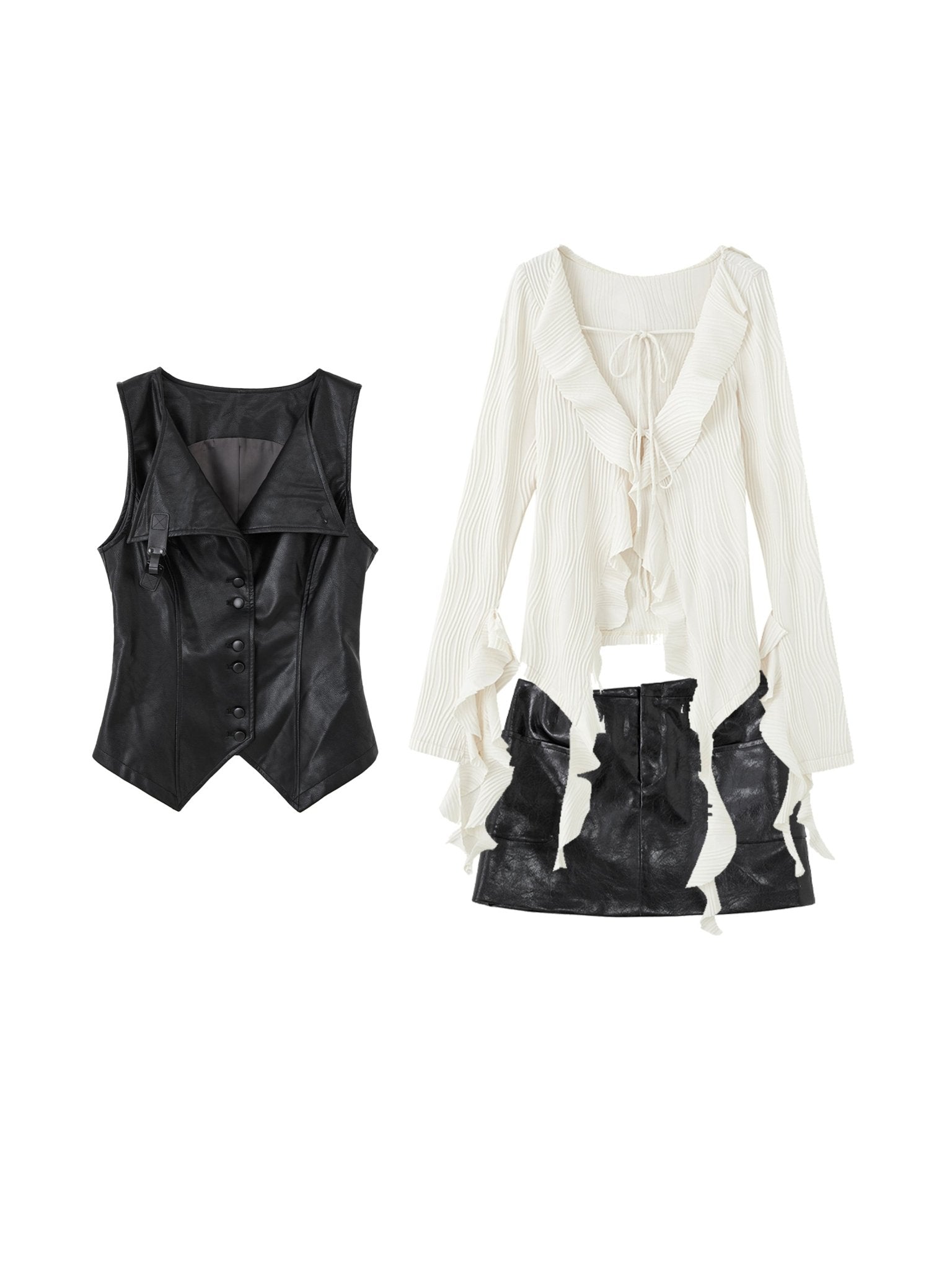 Ruffled Hem Blouse With Leather Vest And Mini Skirt Set - chiclara