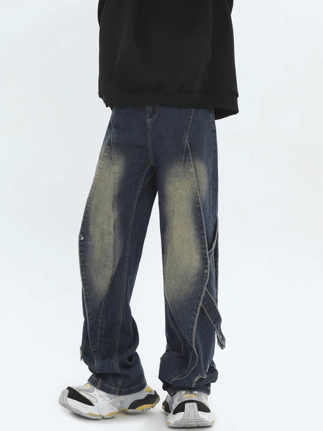 Vintage Wash Spliced Design Denim Jeans - chiclara