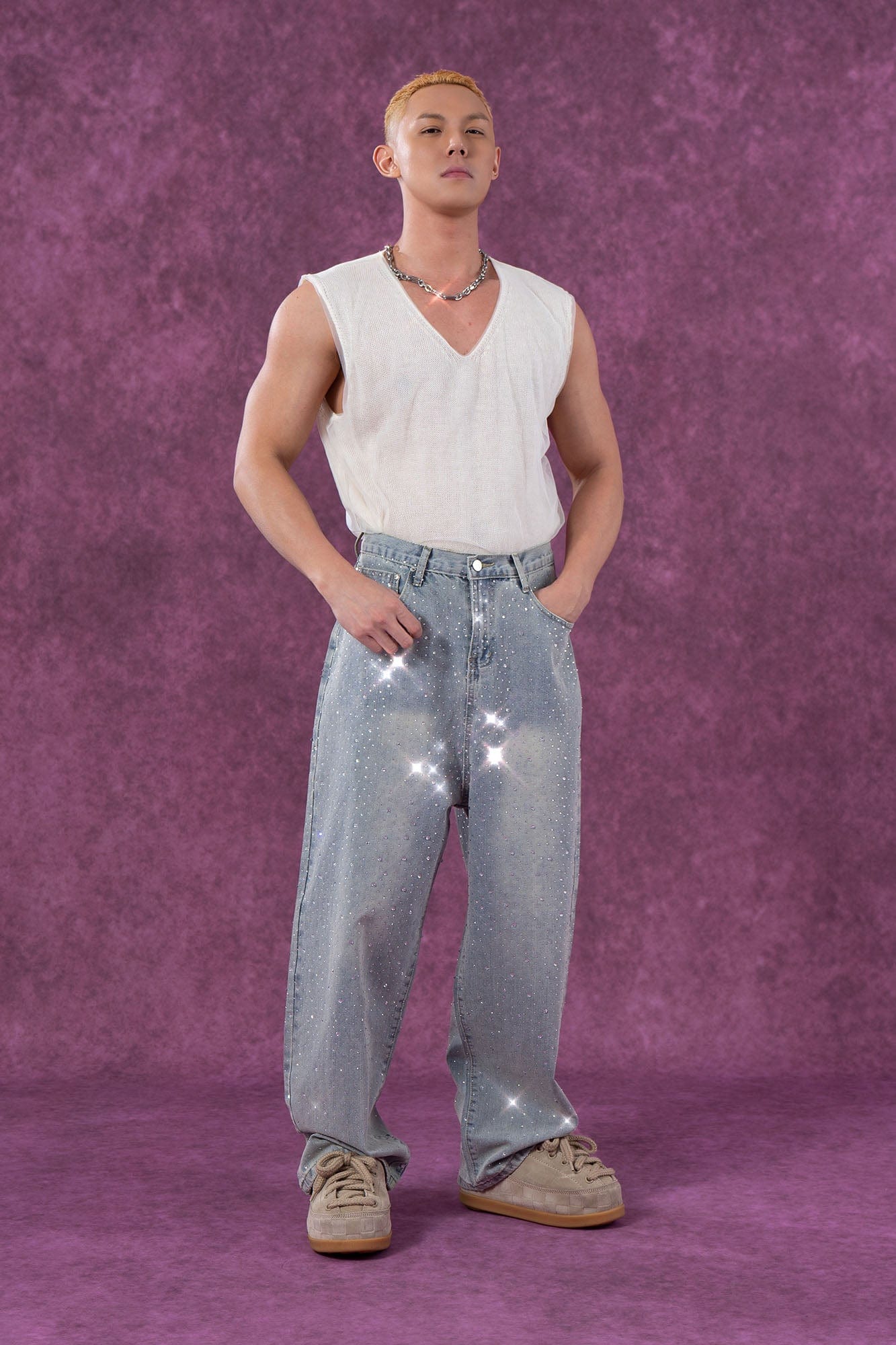 Light Wash Rhinestone Studded Jeans