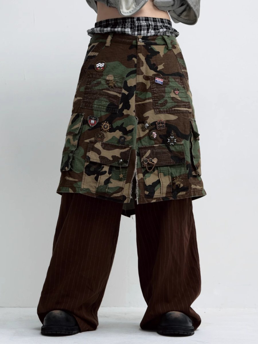 Camouflage Cargo Skirt Pinstripe Wide-Leg Pants