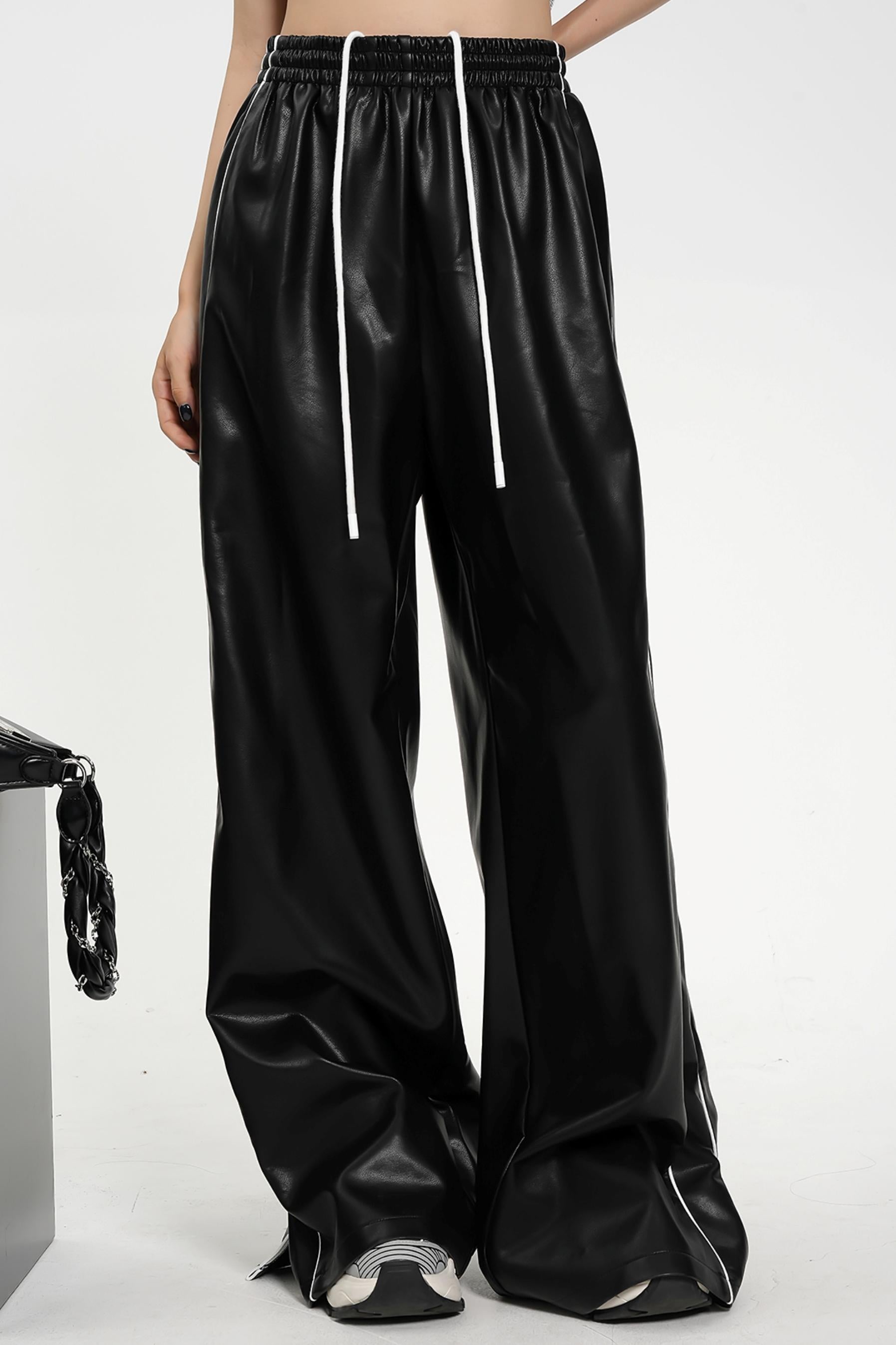 Luxe Satin-Look Drawstring Pants - Wide Leg Striped Track Bottoms