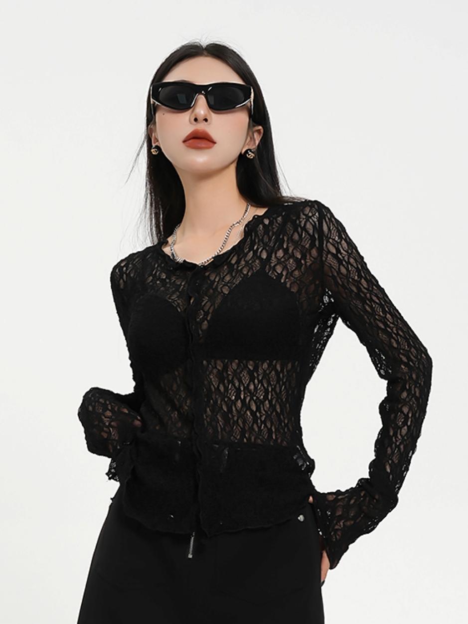 Sheer Lace Long Sleeve Crop Top - Gothic Mesh V-Neck Blouse