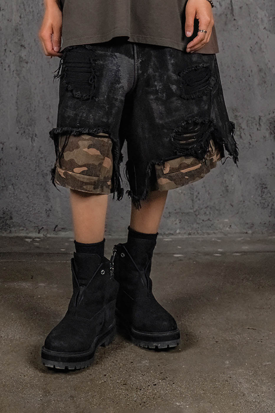 Layered Distressed Black Camo Shorts