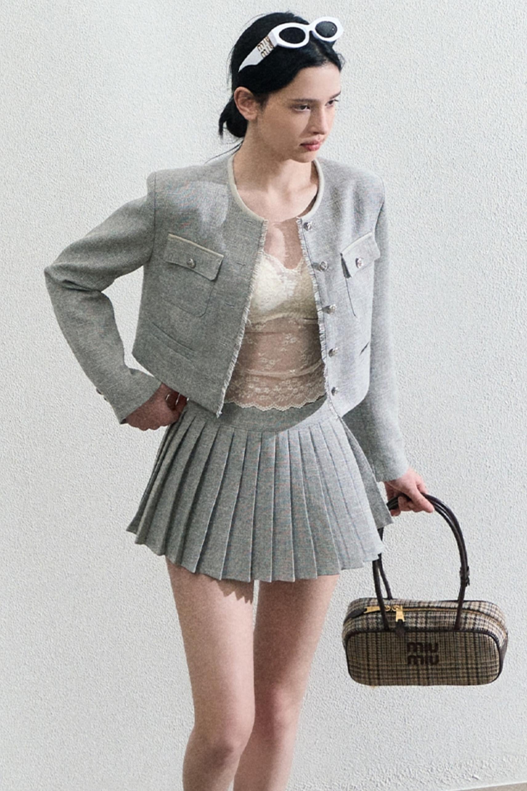 Grey Pleated Preppy School Blazer and Skirt Set