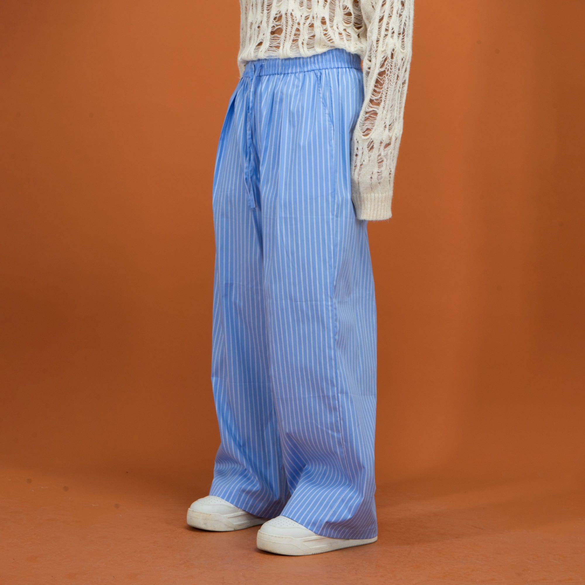 Blue Pinstripe Drawstring Wide-Leg Pants