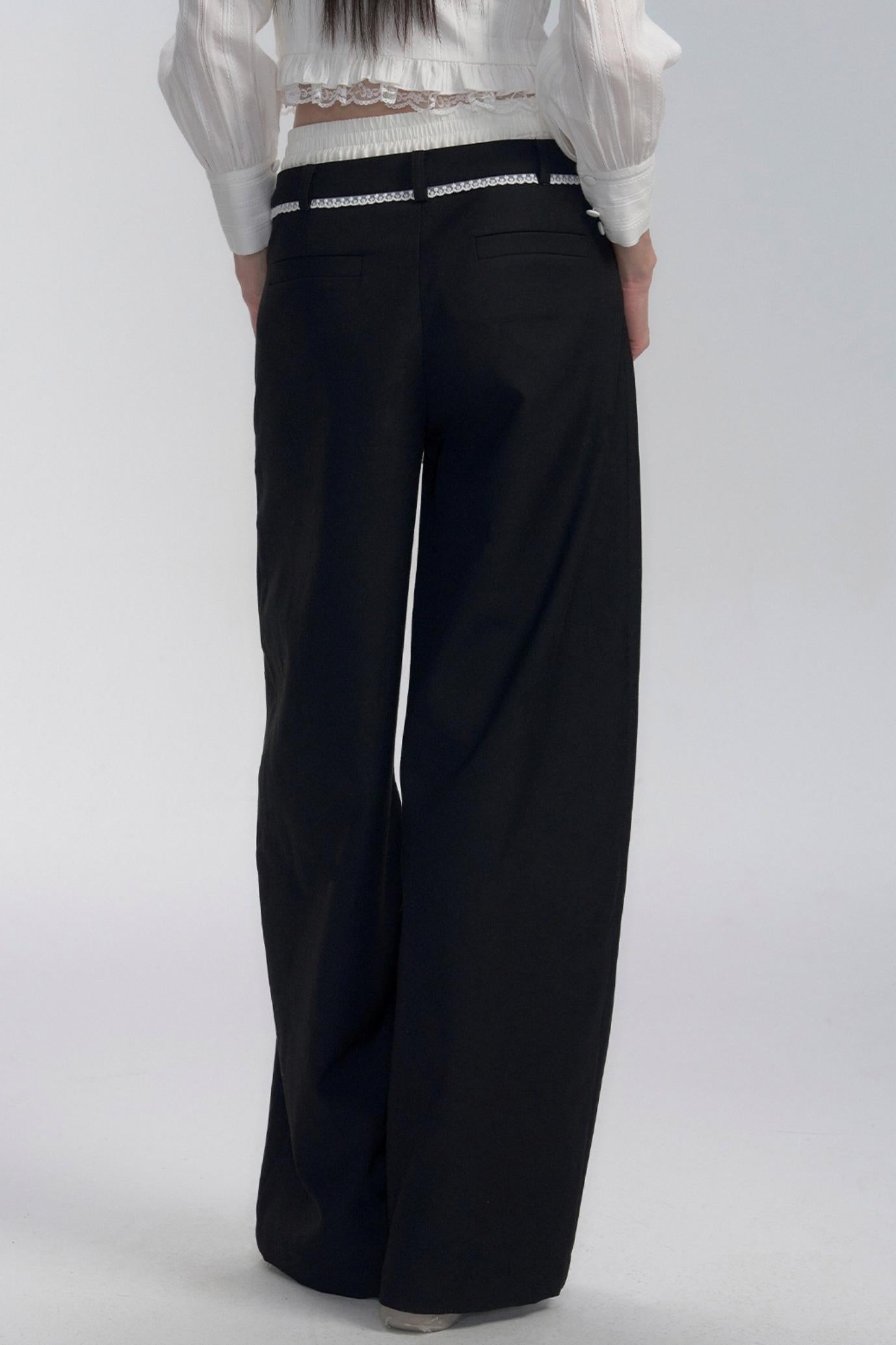 Drawstring Black Wide-Leg Pants