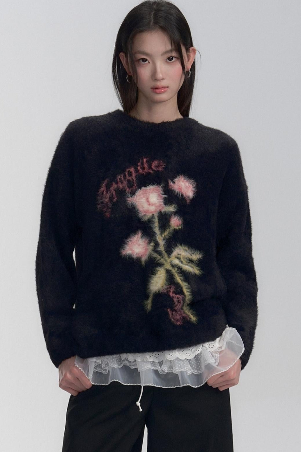 Floral Embroidered Fuzzy Sweater