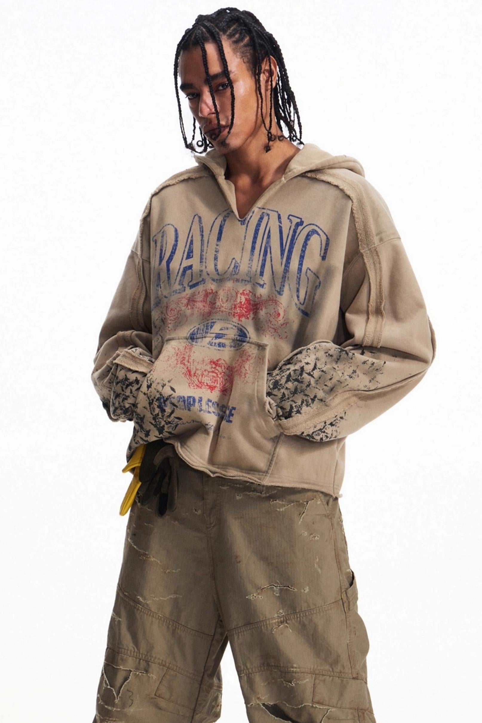 Men's Vintage Racing Print Hooded Sweatshirt