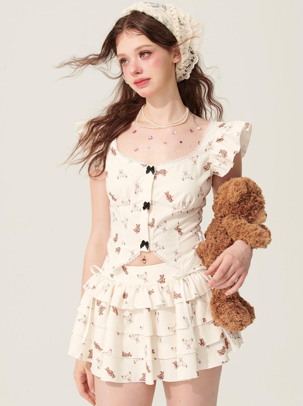 Adorable Bear-Themed Holiday Shirt and Skirt Set with Flutter Sleeves - chiclara