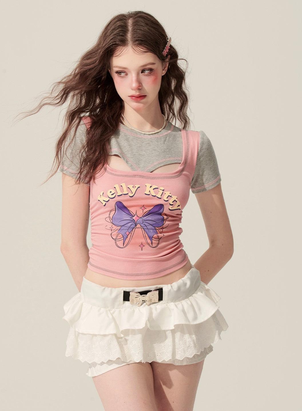Stylish Pink Faux Layered T-shirt - chiclara