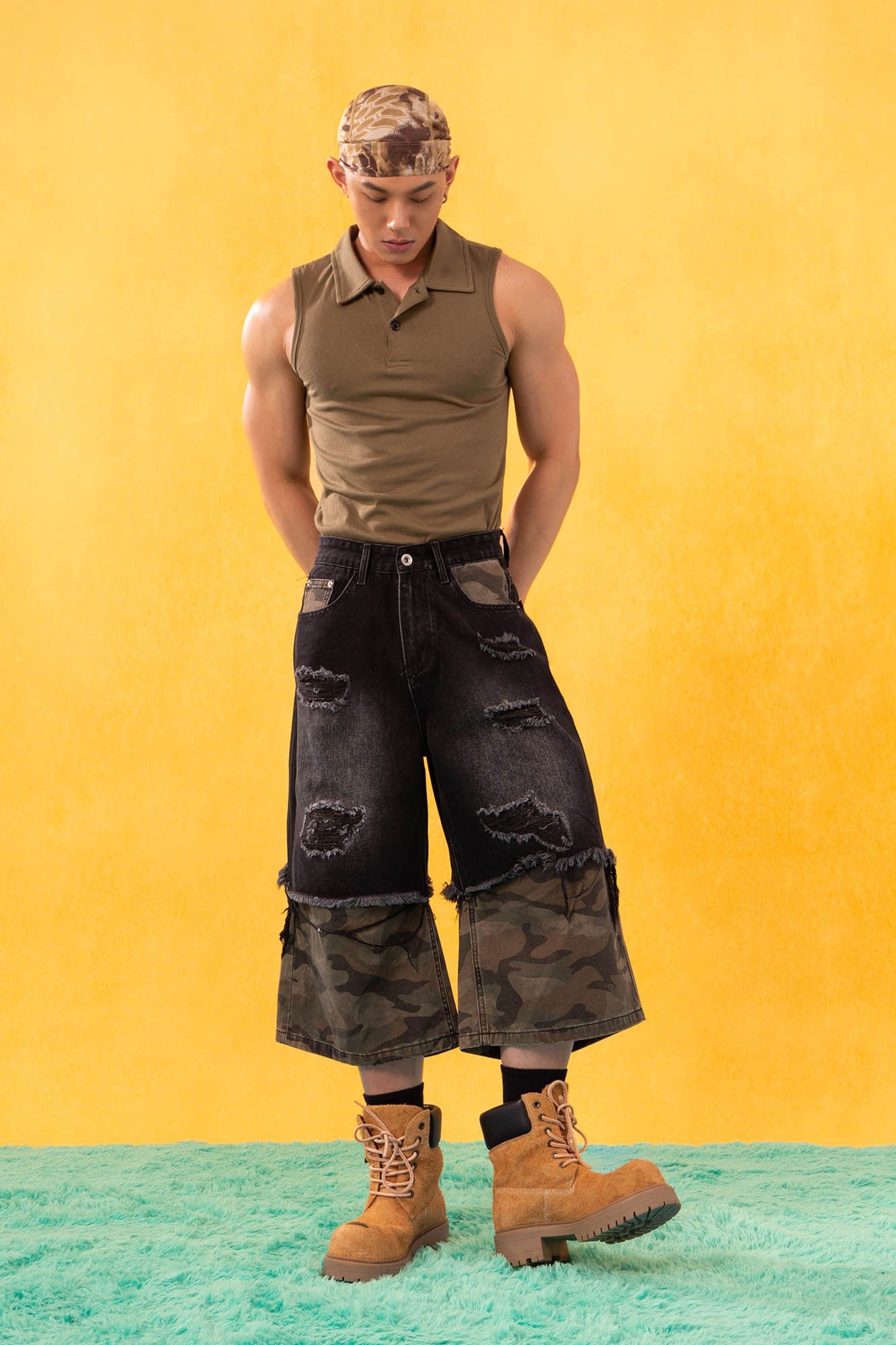 Camo Patchwork Distressed Denim Shorts