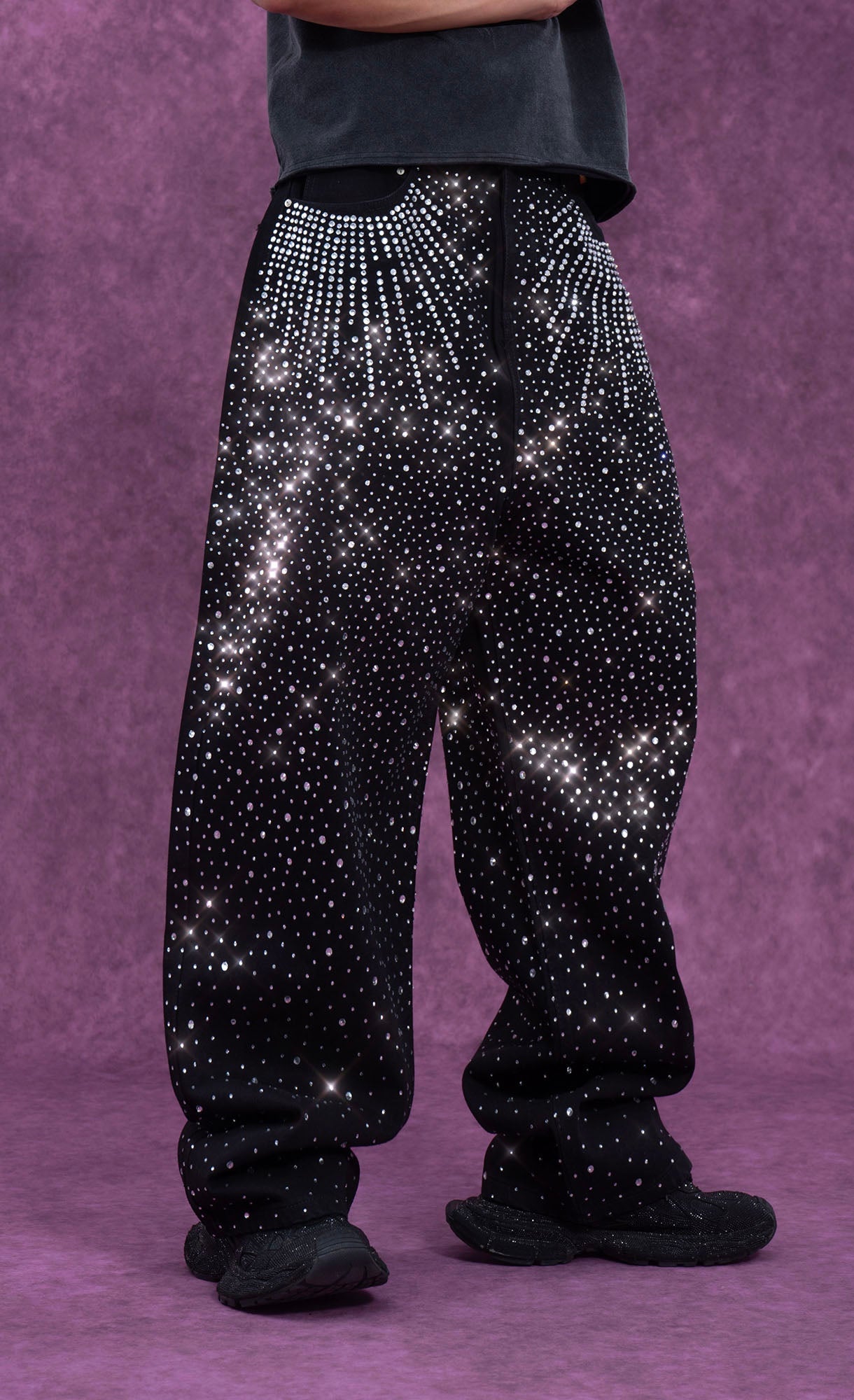 Black Rhinestone Embellished Jeans with Starburst Pattern