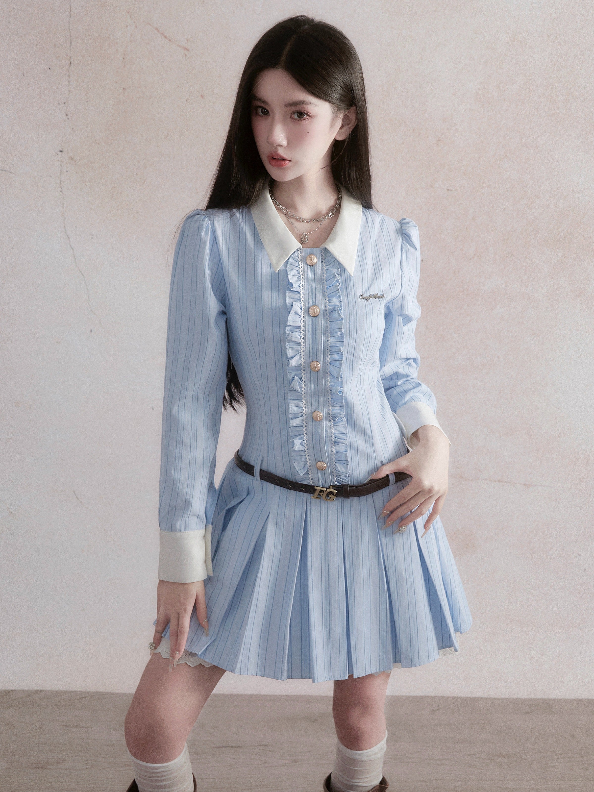 Vintage-Inspired Ruffled Chambray Mini Dress with Belt