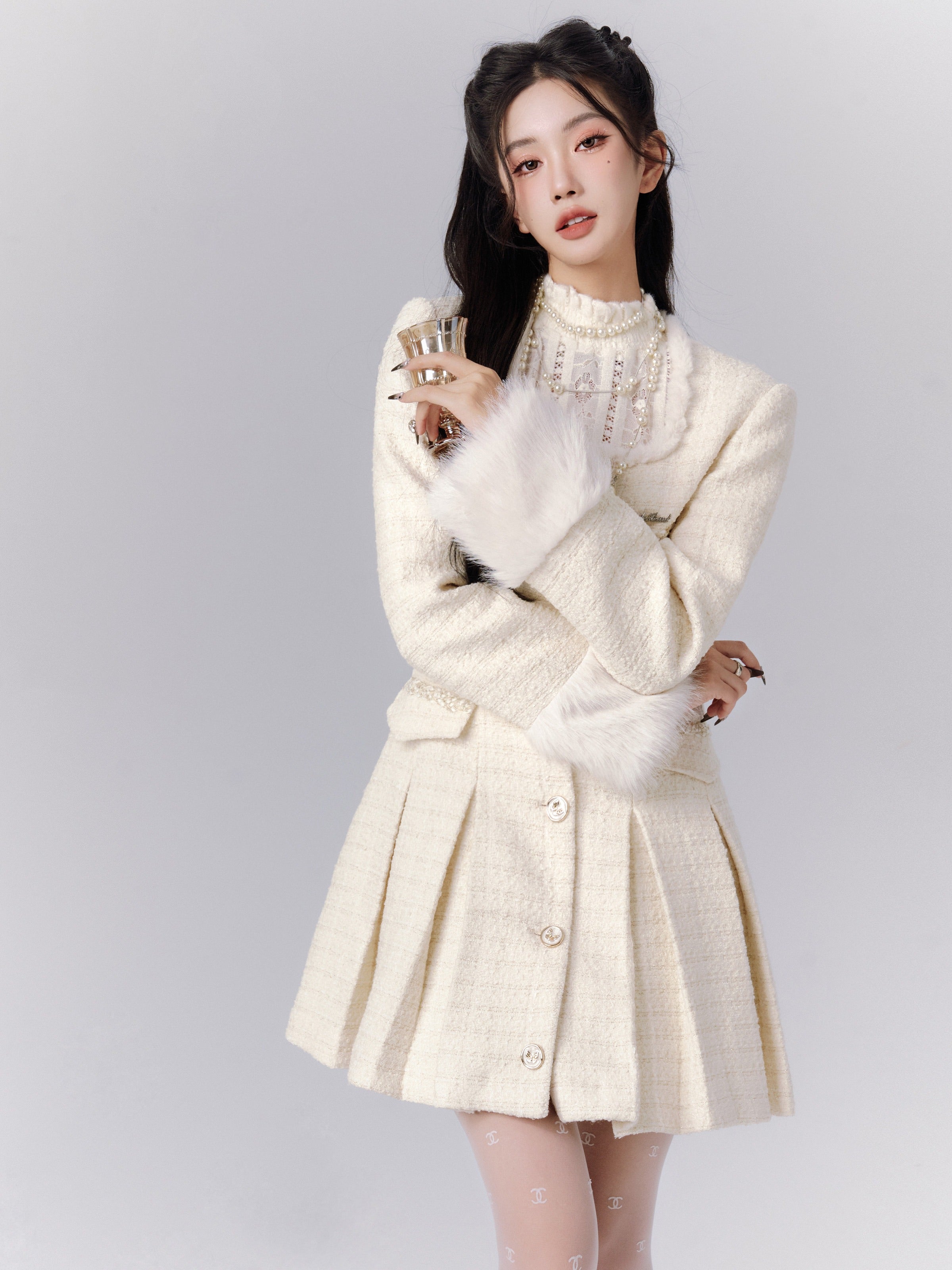 Elegant Ivory Tweed Coat Dress with Fur-Trimmed Cuffs