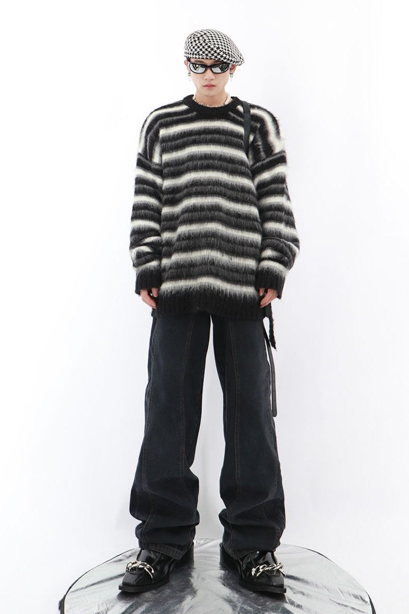 Striped Mohair Cable Knit Sweater - chiclara