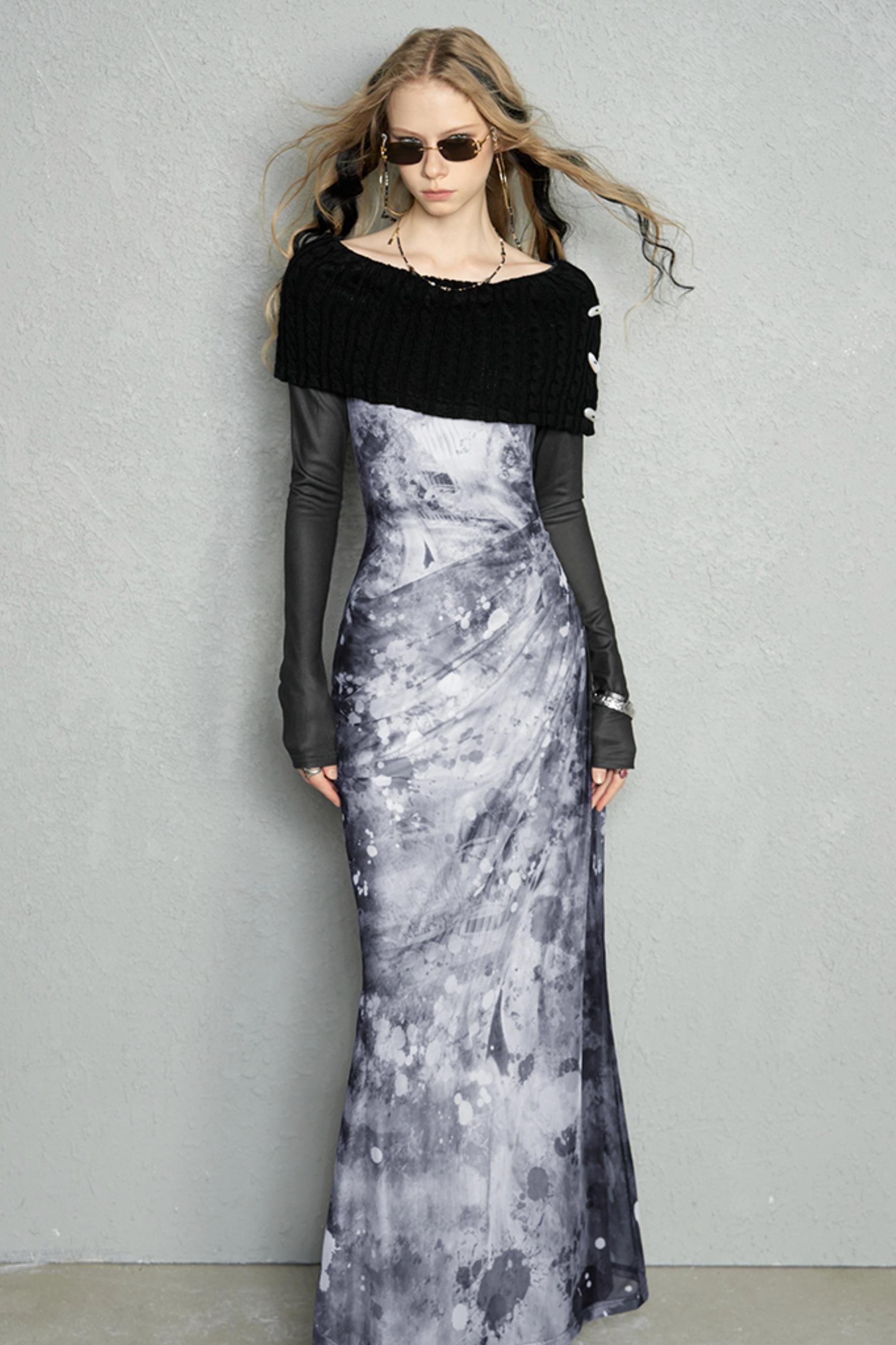 Abstract Paint Off-Shoulder Maxi Dress