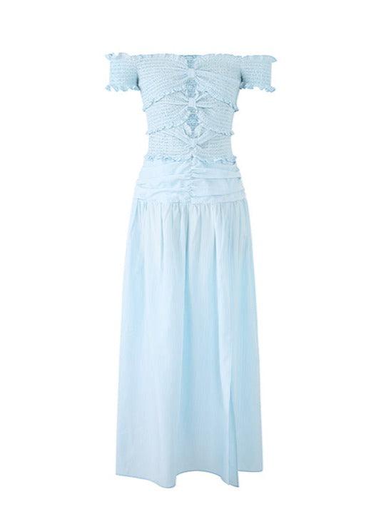 Blue Off-Shoulder Bow-Detail Pleated Long Dress