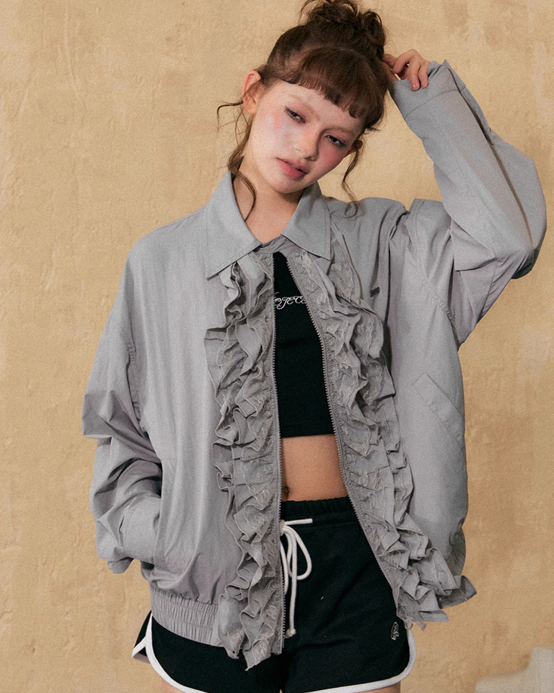 Ruffled Design Bomber Jacket