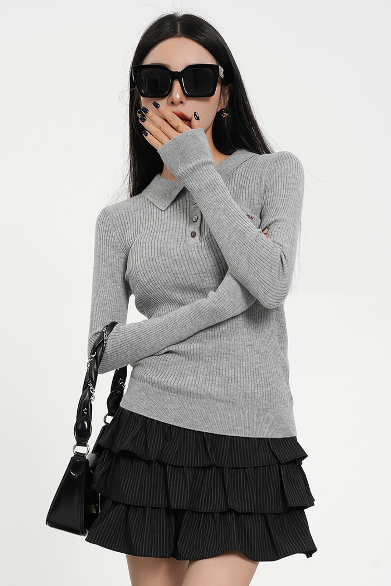 Long Sleeve Henley Sweater - Ribbed Knit Pullover with Embroidered Detail