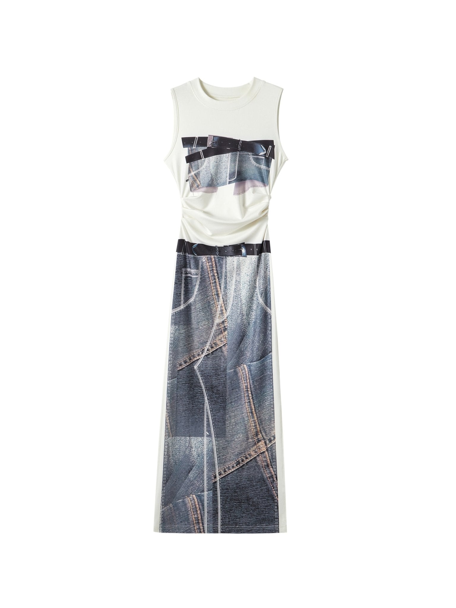 Denim Print Sleeveless Slim Dress - chiclara