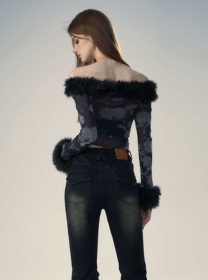 Fur Collar Long Sleeve T-Shirt - chiclara