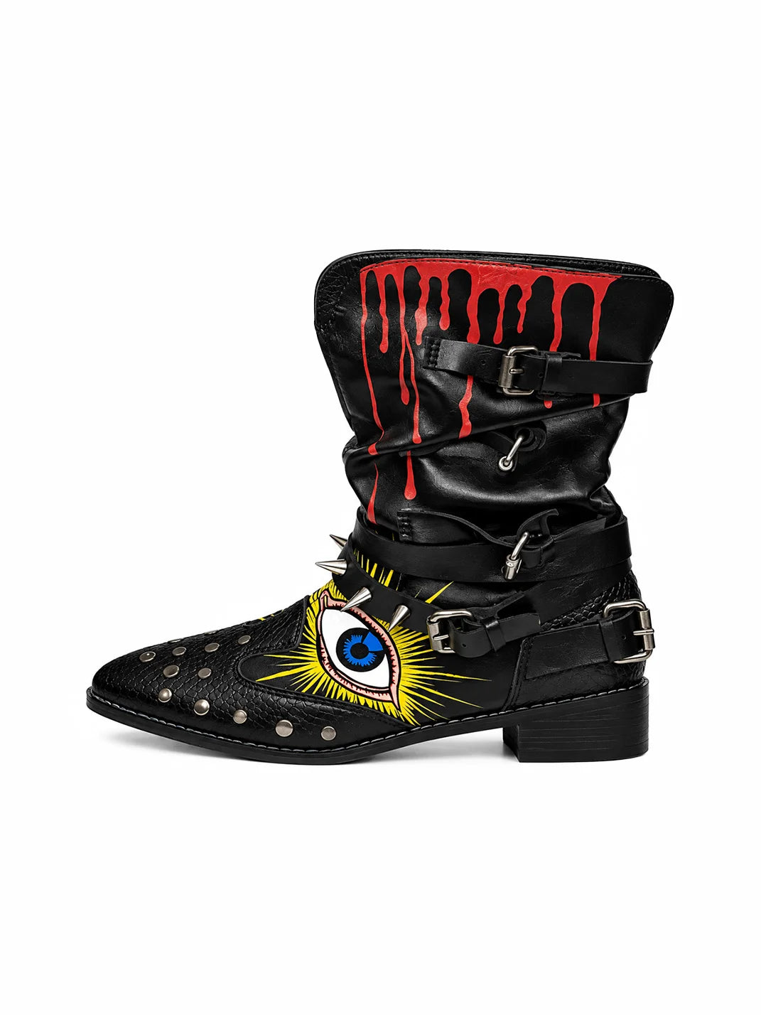 Graffiti Studded Pointed-Toe Buckle Boots - view 1