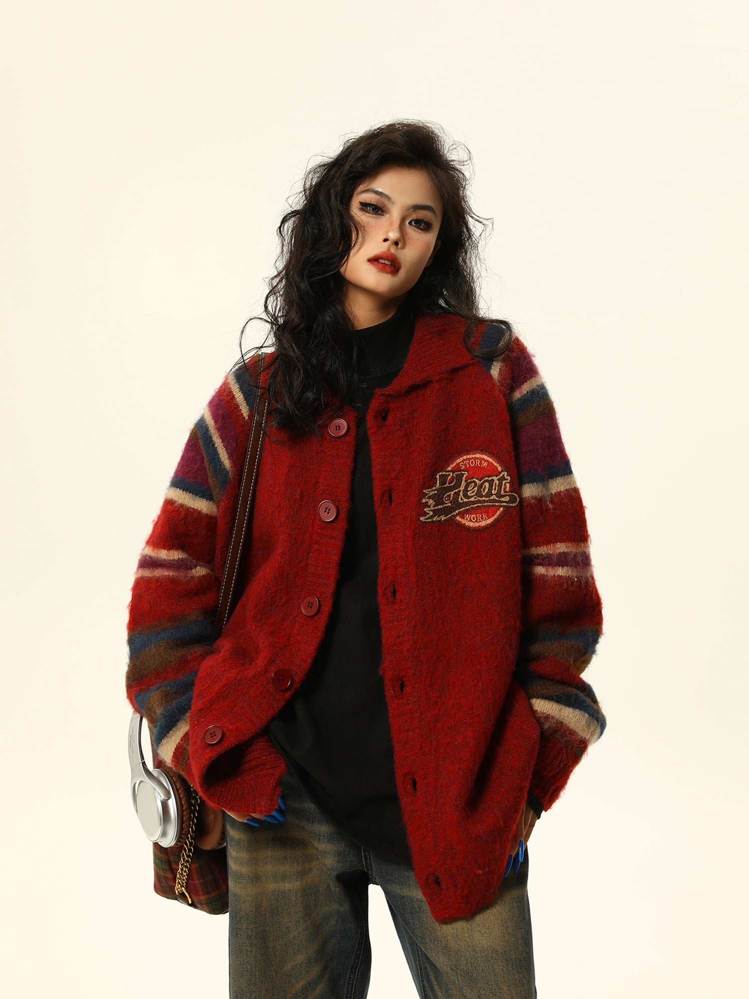 Vintage-Style Varsity Wool Cardigan Coat