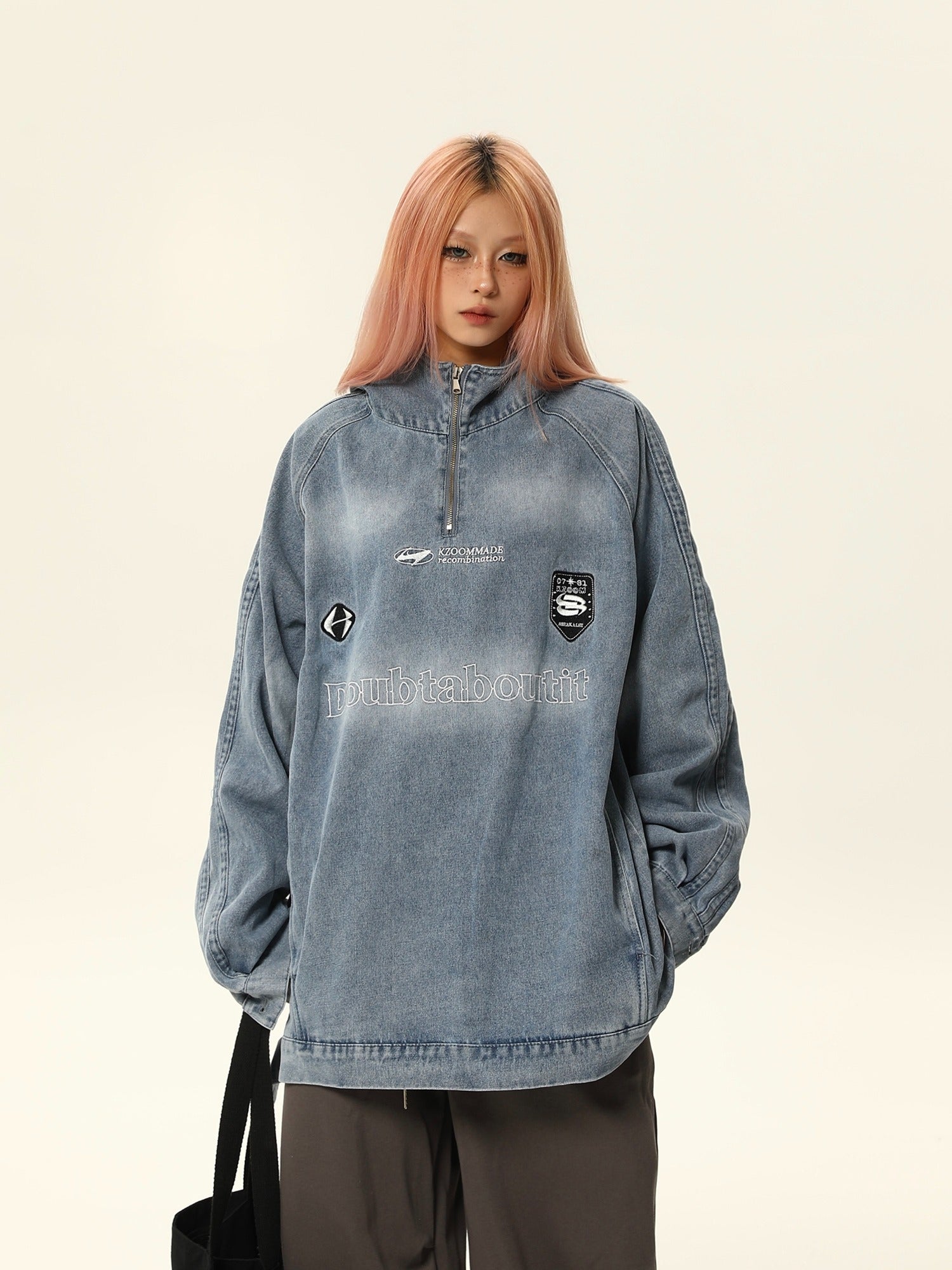 Vintage-Style Quarter-Zip Wash Denim Pullover