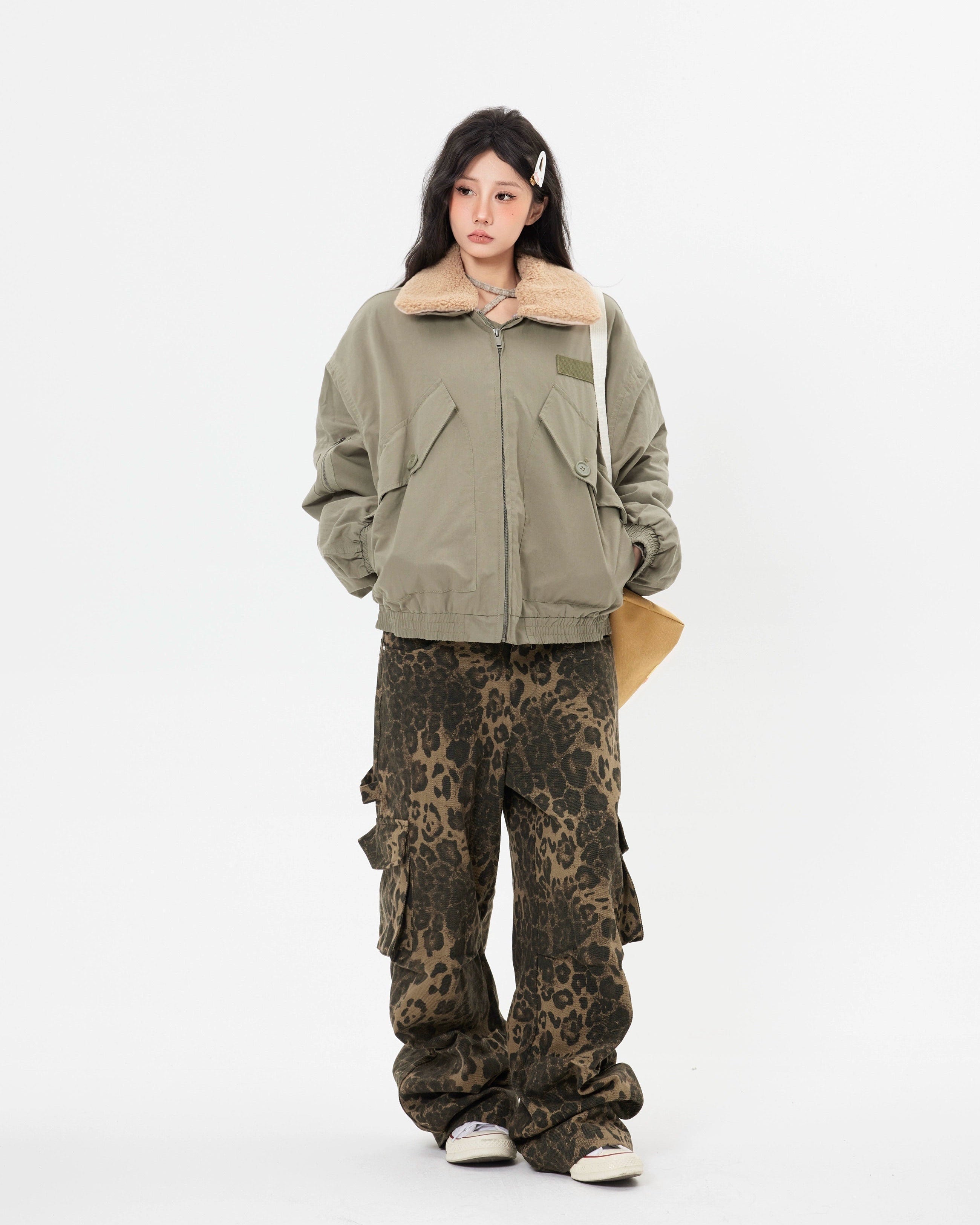 Double Sided Belt Leopard Print Wide Leg Cargo Pants