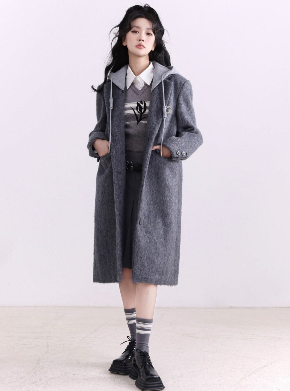 Charcoal Gray Hooded Denim Long Coat